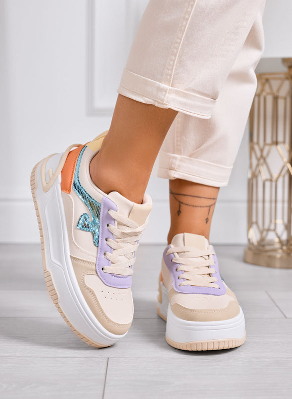 BRIGIDA - Sneakers beige con zeppa e dettagli metallizzati