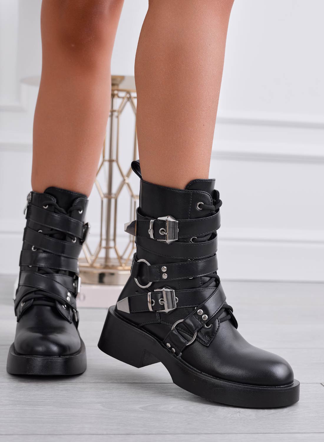 JENNA - Black biker ankle boots with buckles