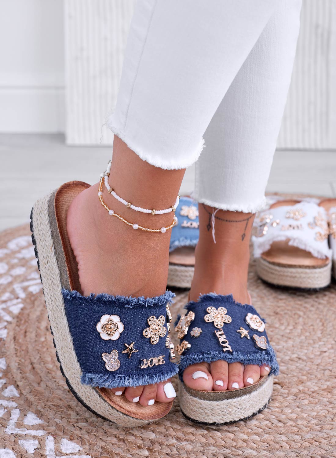 COLEEN - Dark denim blue slide sandals with gold embellishments