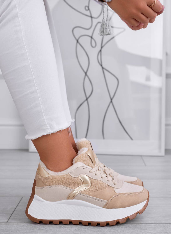 JORAS - Sneakers beige con inserti in ecopelliccia