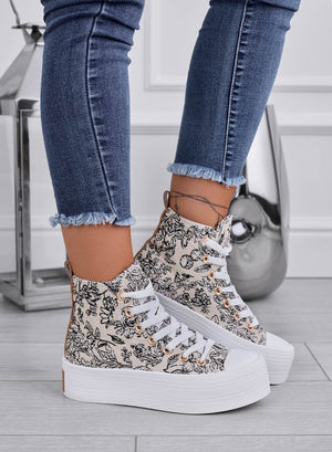 DELFINA - Beige high-top patterned sneakers with wedge