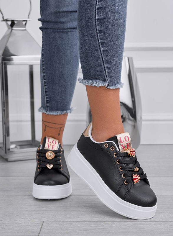 LIANA - Sneakers nere con suola spessa e coccinelle gioiello