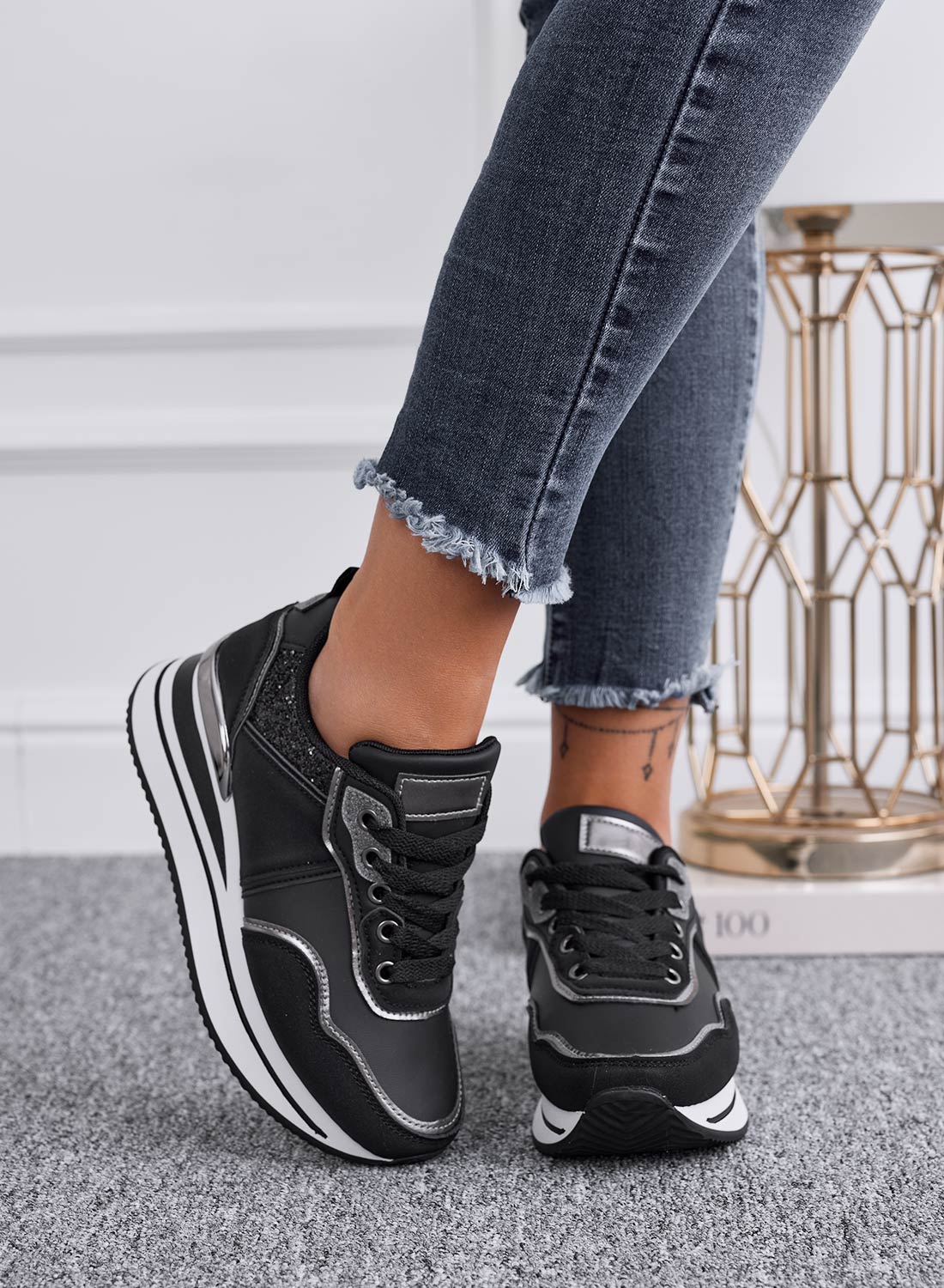 LIARS - Black sneakers with glitter and wedge