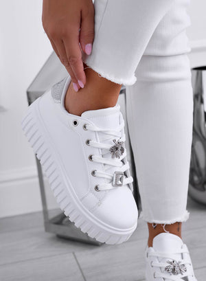 White sneakers with silver jeweled bee appliqué
