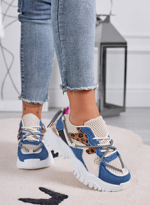 AMANDA - Chunky blue jeans sneakers with animalier details