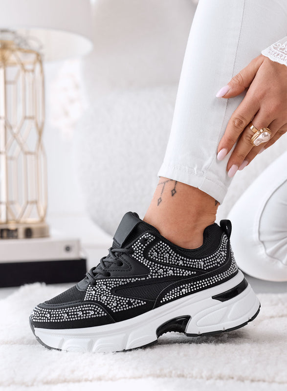 MARTINA - Baskets noires avec strass argentés et semelle plateforme épaisse