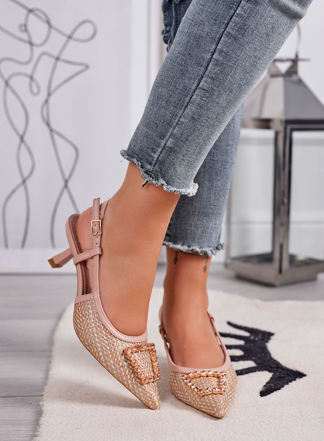 NAIMA - Nude slingback pumps in woven fabric with jeweled buckle