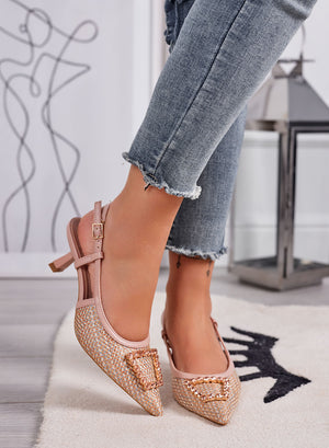 NAIMA - Nude slingback pumps in woven fabric with jeweled buckle