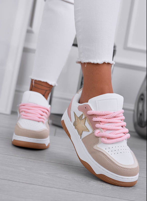 ANNIE - Sneakers bianche con lacci in corda rosa e stella oro