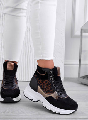 ARES - Black sneakers with leopard print inserts
