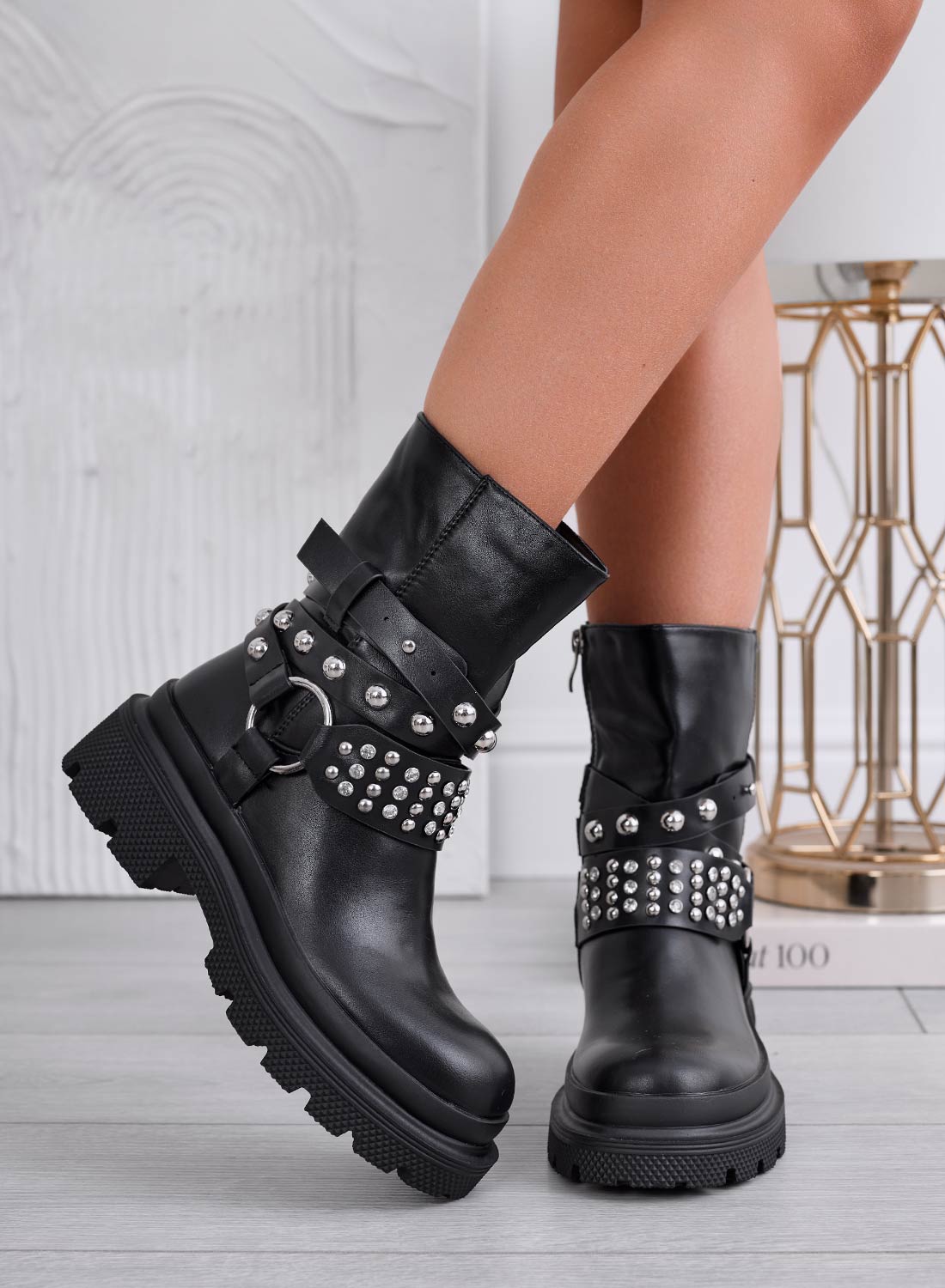 KELSIE - Black biker ankle boots with silver studs