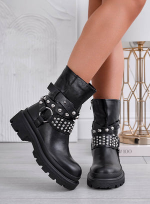 KELSIE - Black biker ankle boots with silver studs