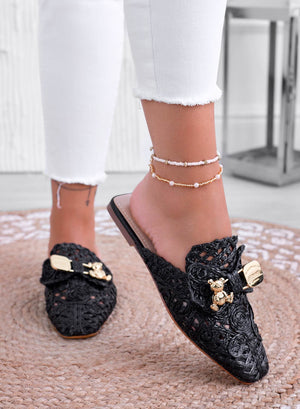FIESTA - Espadrillas nere sabot ricamate con teddy oro