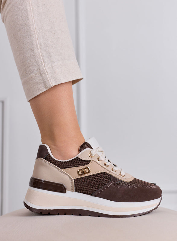 TULLIA - Brown Sneakers with Beige Inserts and Comfortable Wedge