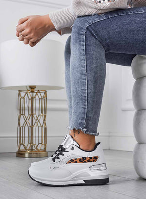 White sneakers with glitter and animal print inserts