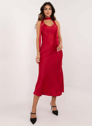 Red satin long dress with slit and belt