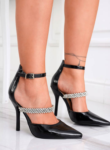Black patent Alexoo pumps with rhinestone strap
