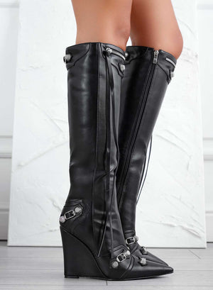 BEAUTY - Black biker boots with wedge