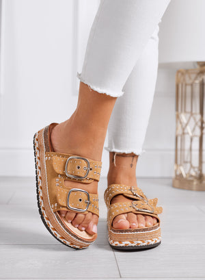BILBAO - Camel sandals Platform slides with studs and double buckle