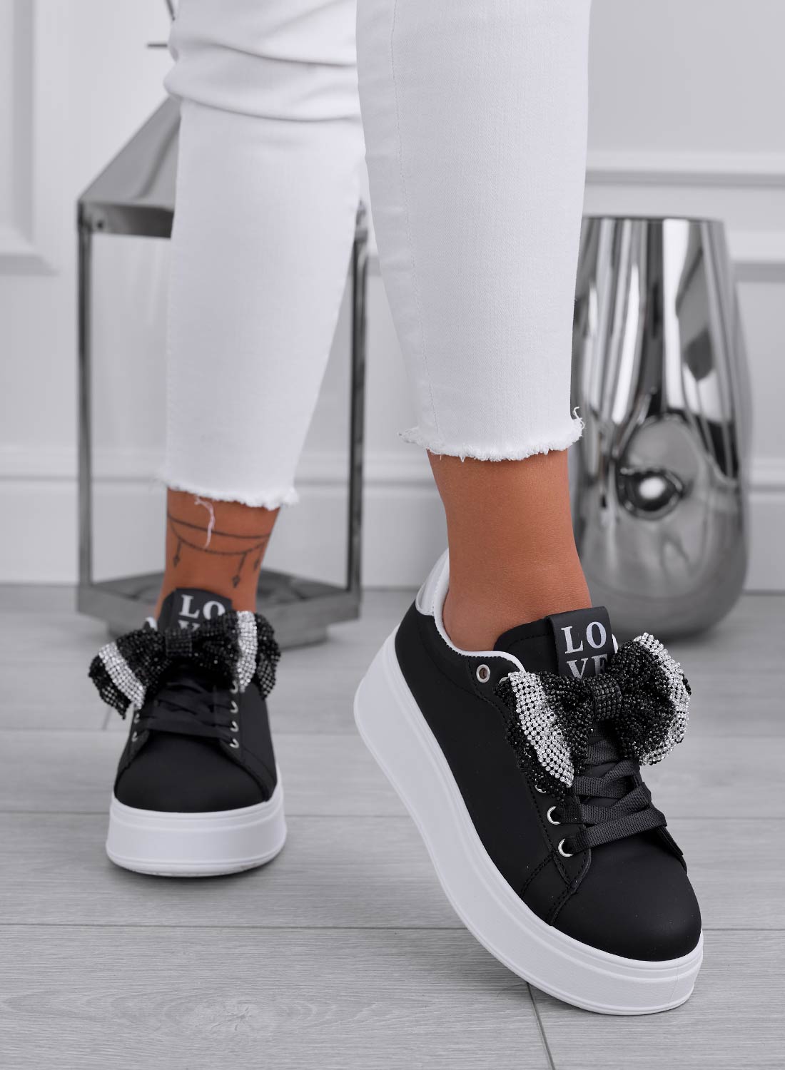 TULLIA - Black sneakers with jeweled bow and silver back