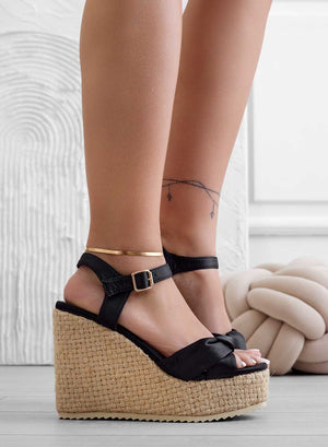 SANDRA - Black satin wedge sandals