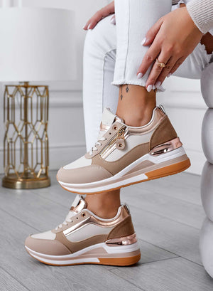 Beige sneakers with rose gold inserts