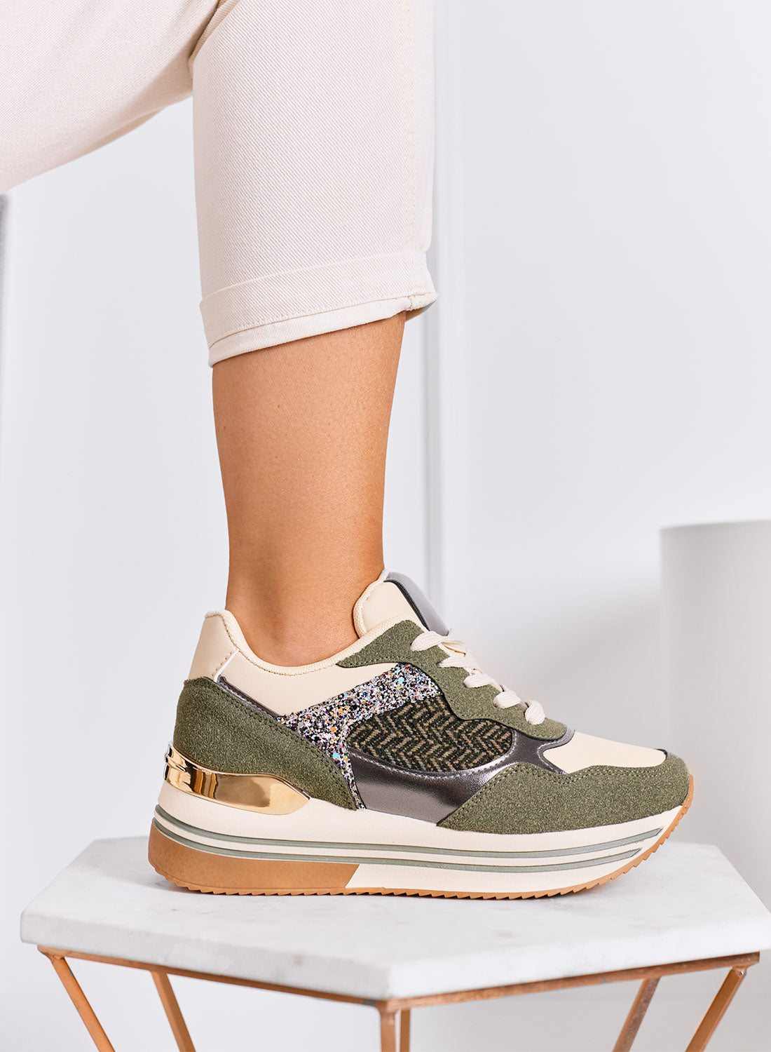 RUBINA - Green sneakers with glitter and metallic details