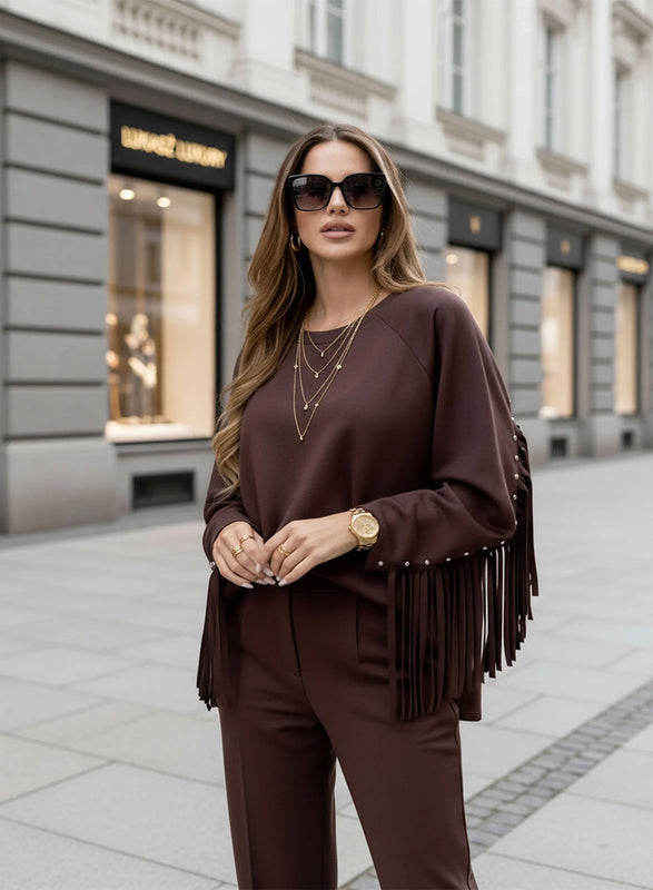 Brown maxi sweater with studs and fringes