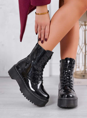 LUANA - Black patent leather combat ankle boots with laces