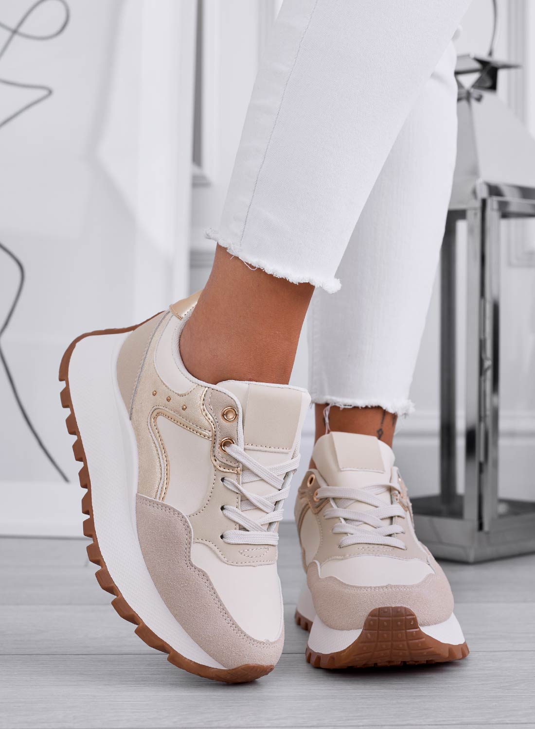 CARLA - Beige sneakers with gold studs and thick sole