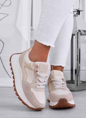 CARLA - Beige sneakers with gold studs and thick sole