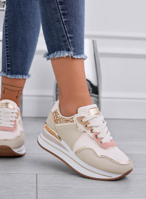 LIARS - Beige sneakers with gold glitter and wedge heel