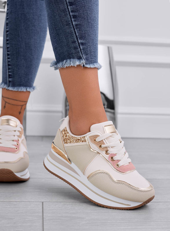 LIARS - Sneakers beige con glitter oro e zeppa