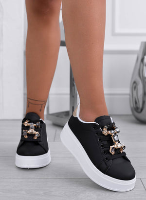 SORAYA - Black sneakers with jewel embellishment and gold heel