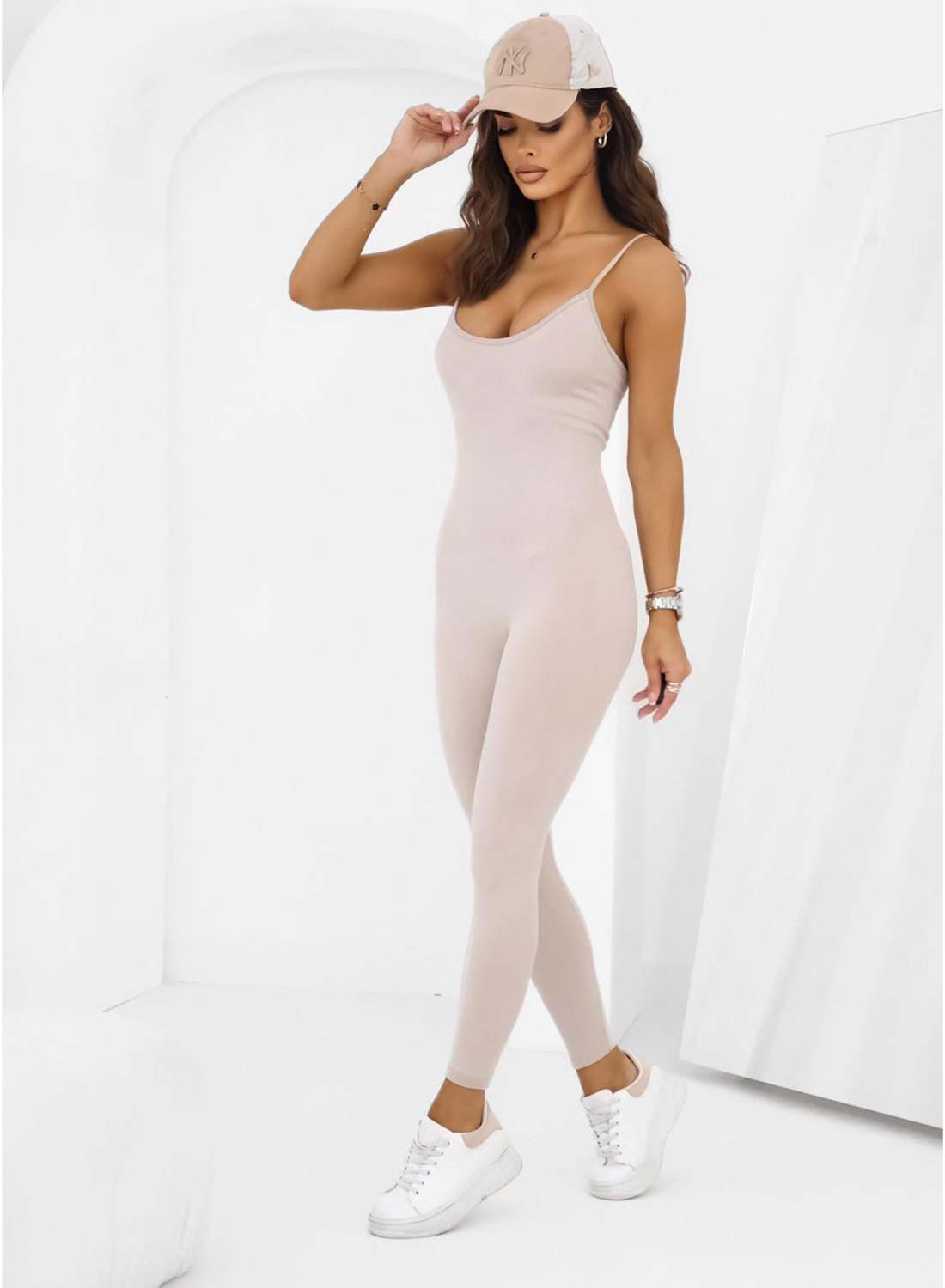Beige fitted sports jumpsuit