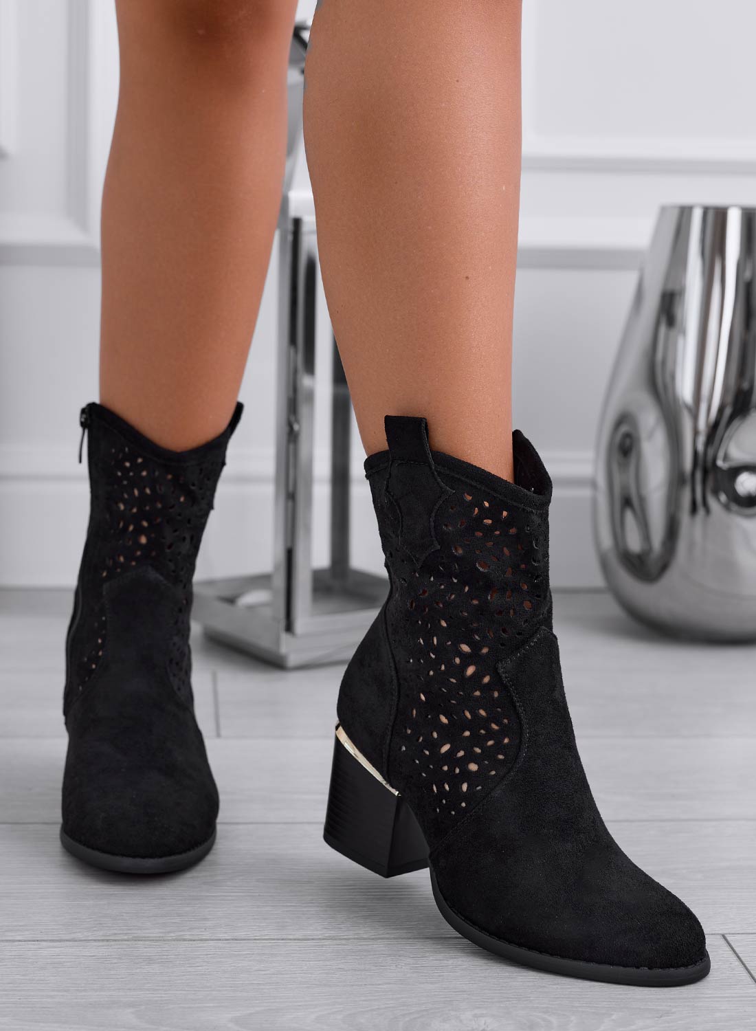GRACE - Black perforated suede ankle boots