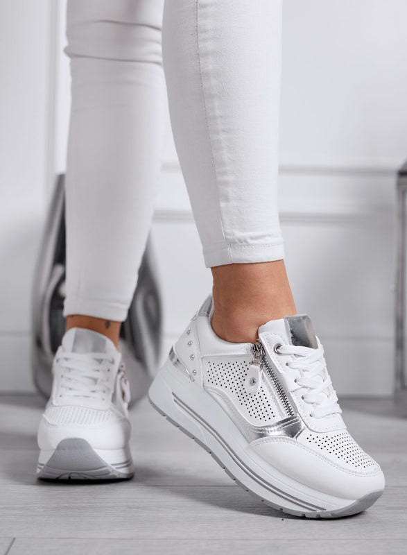 ENEA - White Sneakers with Side Zip and Silver Details
