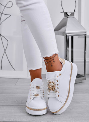 DOINA - White sneakers with jewel appliqué and gold inserts