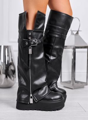 LILLY - Black biker boots with wedge heel and side zip