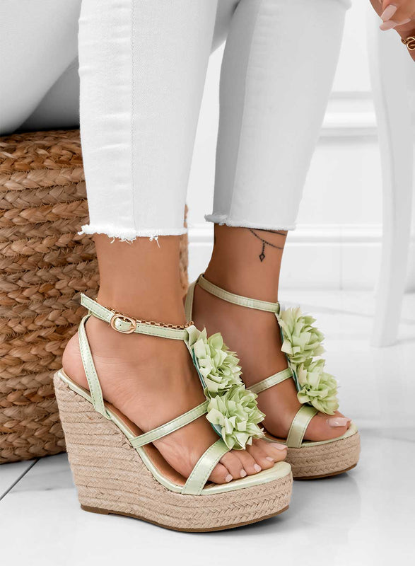 DIANA - Sandali espadrilles verdi in raso con fiore applicato