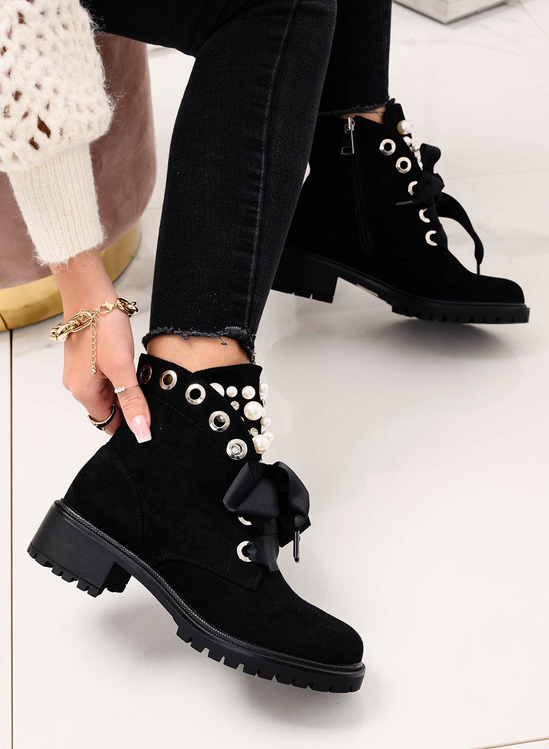 LEANNA - Alexoo low ankle boots with pearls and stones, black suede