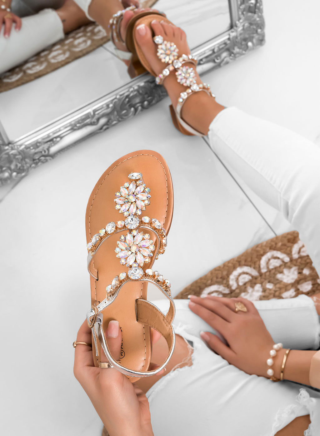 GIULY - Sandales tongs bijoux argentés avec pierres irisées