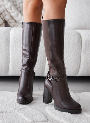 FALLS - Brown boots with 10 cm heel and elastic at the calf