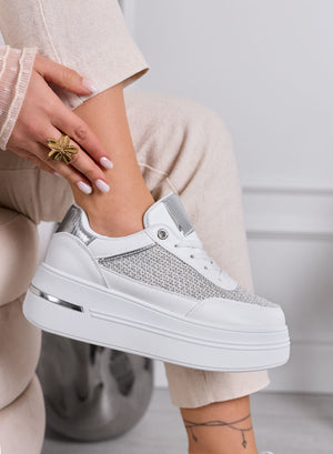 SONIA - Sneakers bianche con inserti in tessuto e dettagli argento