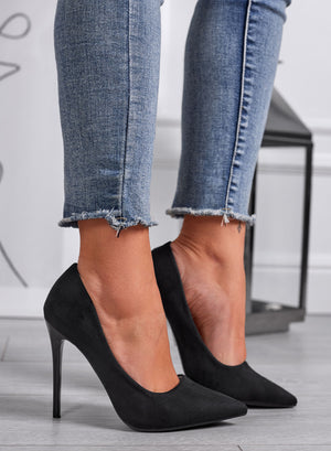ANASTASIA - Black suede pumps with patent leather heel