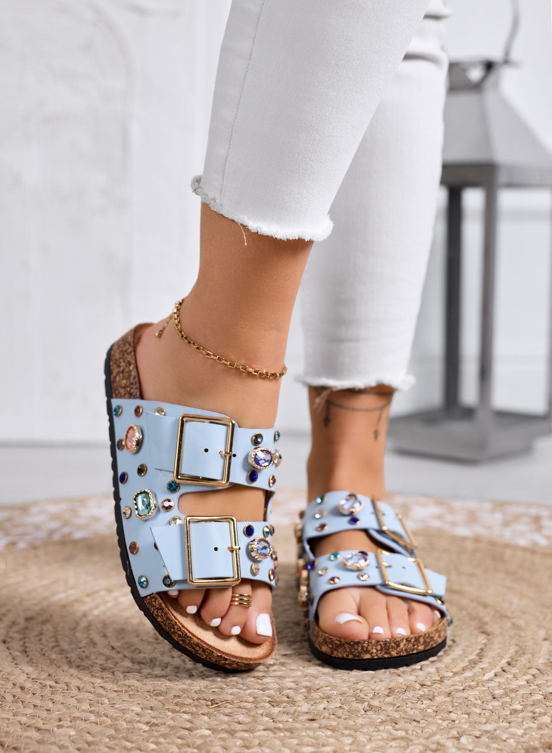 HELENA - Blue sandals Slippers with colorful stones and large golden buckles