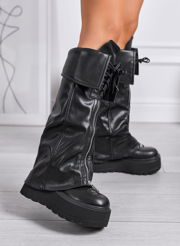 AURELIA - Bottes hautes noires à semelle compensée et fermeture éclair frontale