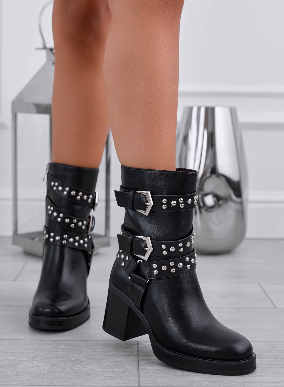 DOREEN - Black biker ankle boots with silver buckles and studs