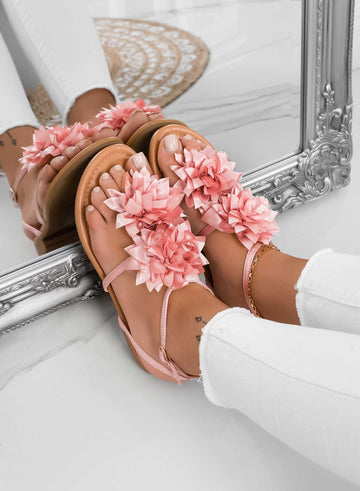 CONNIE - Pink satin thong sandals with applied flower