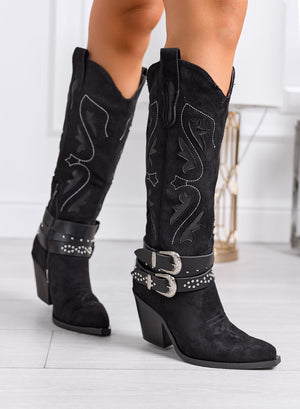 NOEMI - Black Texan boots with matching straps and embroidery